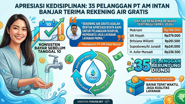 PT Air Minum (PTAM) Intan Banjar (Perseroda) kembali membagikan reward berupa pembebasan biaya rekening air selama satu bulan kepada 35 pelanggan beruntung untuk periode April 2026.